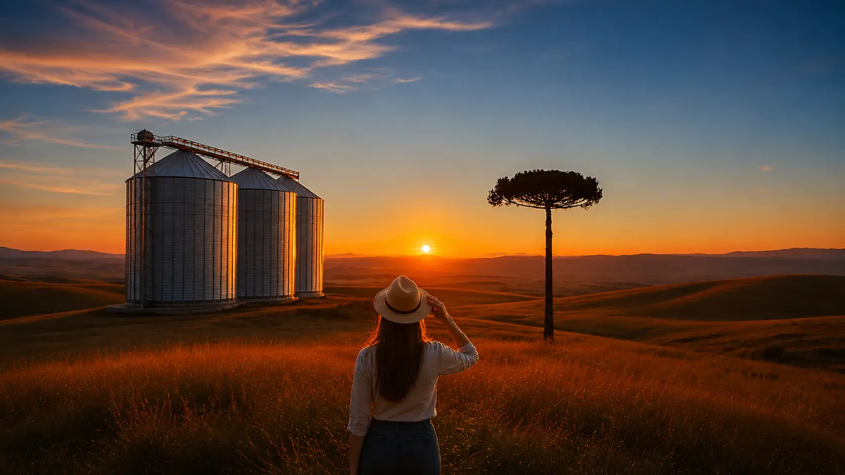 Campo de grãos com silos de armazenamento ao fundo